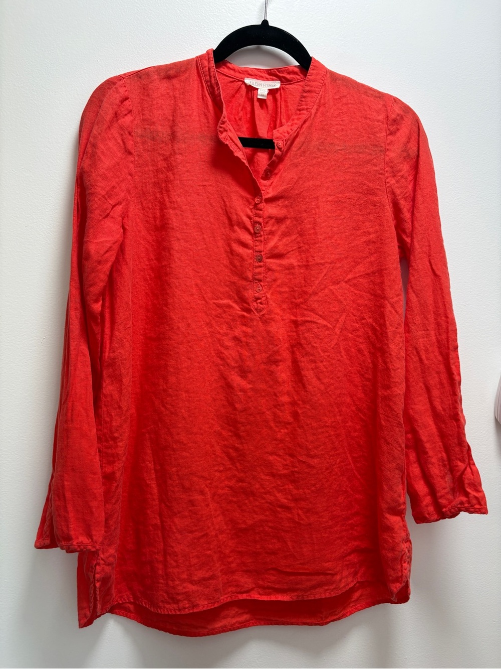 Eileen Fisher Coral-Red Linen Henley Tunic -xs - oversized